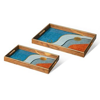 Glitzhome Set of 2 Rectangle Wooden & Plastic Decorative Trays with Handles