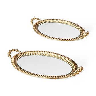Glitzhome Set of 2 Oval Metal Gold Mirrored Decorative Trays with Handles