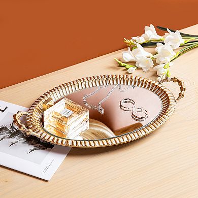 Glitzhome Set of 2 Oval Metal Gold Mirrored Decorative Trays with Handles