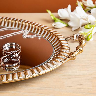 Glitzhome Set of 2 Oval Metal Gold Mirrored Decorative Trays with Handles