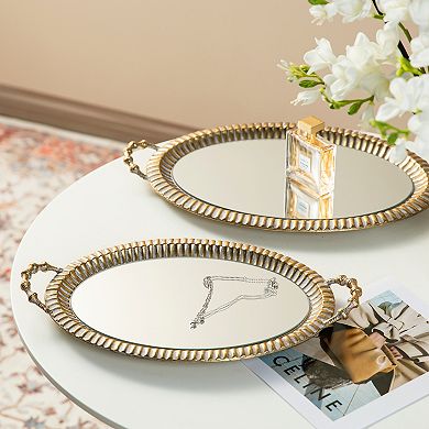 Glitzhome Set of 2 Oval Metal Gold Mirrored Decorative Trays with Handles