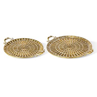 Glitzhome Set of 2 Round Metal Gold Embossed Decorative Trays with Handles