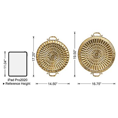 Glitzhome Set of 2 Round Metal Gold Embossed Decorative Trays with Handles