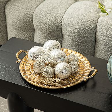 Glitzhome Set of 2 Round Metal Gold Embossed Decorative Trays with Handles