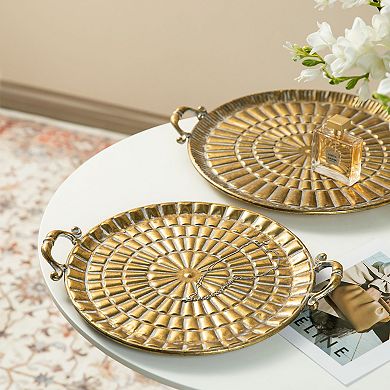 Glitzhome Set of 2 Round Metal Gold Embossed Decorative Trays with Handles