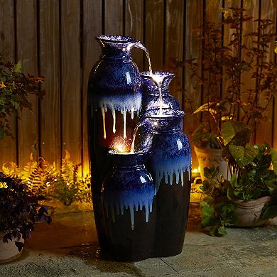 Glitzhome Glaze Ceramic Vase Outdoor Floor Fountain with Pump and LED Light