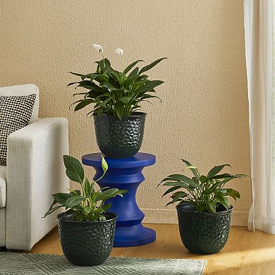 Glitzhome 11.75"D Set of 3 Honeycomb Textured Faux Ceramic Pot Plastic Planter