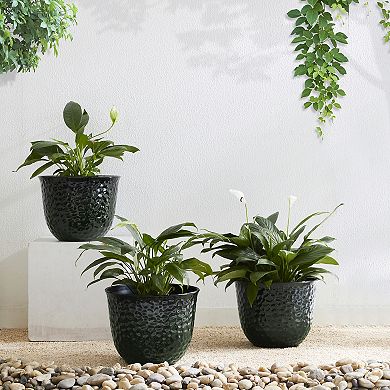 Glitzhome 11.75"D Set of 3 Honeycomb Textured Faux Ceramic Pot Plastic Planter