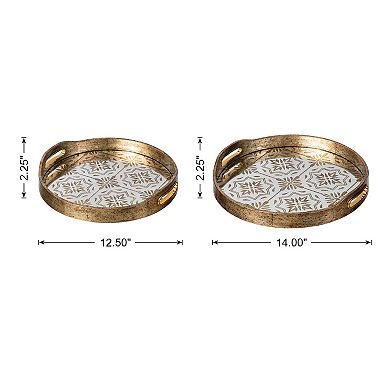 Glitzhome Set of 2 Round Gold Abstract Mirrored Trays with Handles