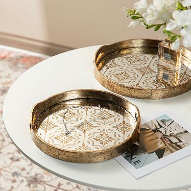 Glitzhome Set of 2 Round Gold Abstract Mirrored Trays with Handles
