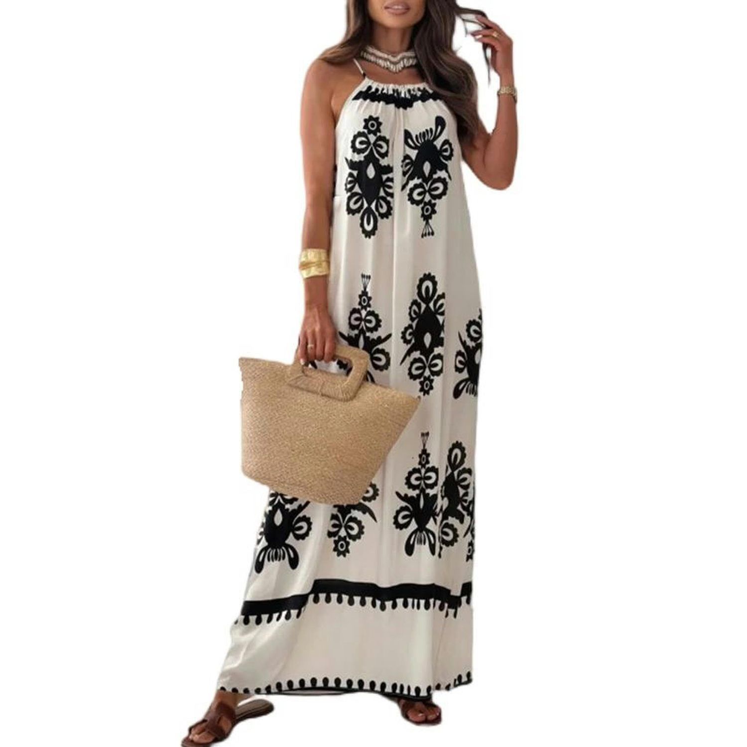 Women's Boho Sleeveless Maxi Dress Print Spaghetti Strap Flowy Beach  Vacation Long Dresses