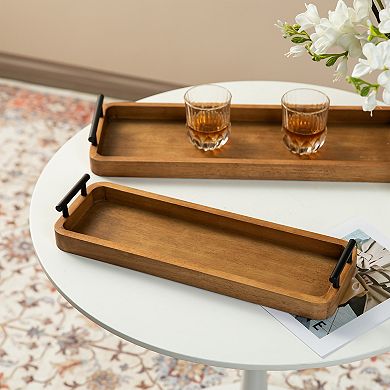 Glitzhome Set of 2 Rectangle Acacia Wood Trays with Metal Handles