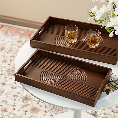 Glitzhome Set of 2 Rectangle Rubber Wood Abstract Trays with Handles