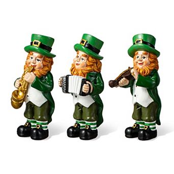 Glitzhome 5"H Set of 3 St Patrick's Leprechaun Musicians Resin Table Decor