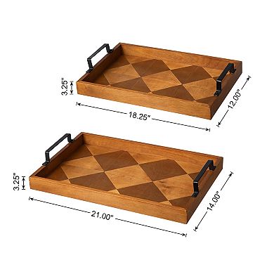 Glitzhome Set of 2 Rectangle Wooden Geometric Trays with Metal Handles