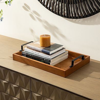 Glitzhome Set of 2 Rectangle Wooden Geometric Trays with Metal Handles