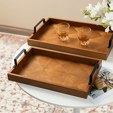 Glitzhome Set of 2 Rectangle Wooden Geometric Trays with Metal Handles