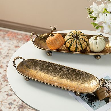 Glitzhome Set of 2 Oval Metal Gold Decorative Trays with Handles