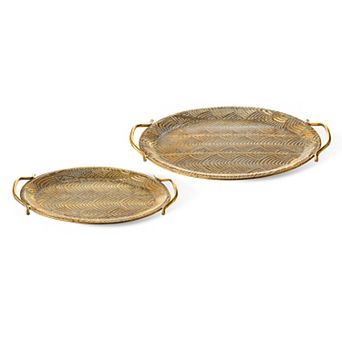 Glitzhome Set of 2 Oval Metal Gold Decorative Trays with Handles