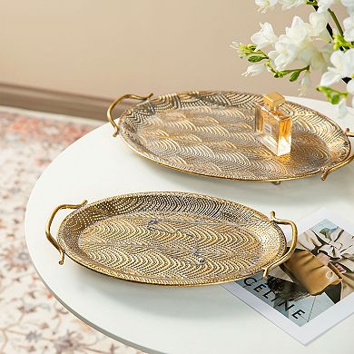 Glitzhome Set of 2 Oval Metal Gold Decorative Trays with Handles