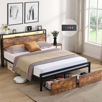Mondawe Full/Queen Size LED Bed Frame with Storage Headboard and 2 Drawers, Charging Station