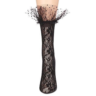 Women's Floral Lace Ruffle Polka Dot Cuff Crew Sock