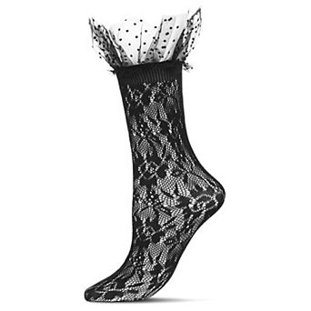 Women's Floral Lace Ruffle Polka Dot Cuff Crew Sock