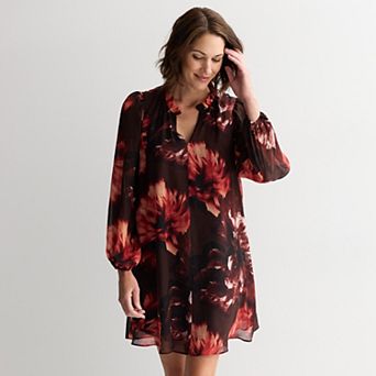 Women's London Times Split Neck Bishop Sleeve A-Line Dress