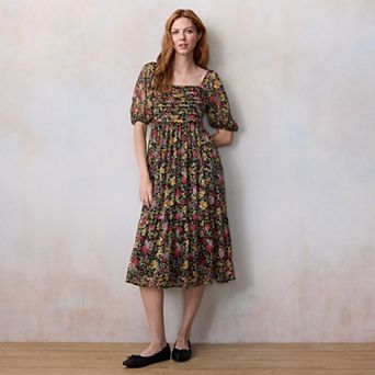 Petite LC Lauren Conrad Square Neck Pleated Bodice Midi Dress