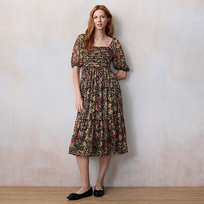 Petite LC Lauren Conrad Square Neck Pleated Bodice Midi Dress