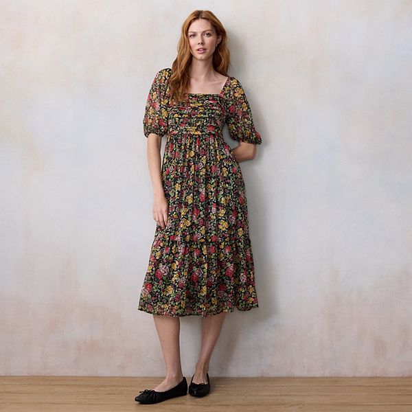 lc lauren conrad pleated neck dress Women's LC Lauren Conrad Square Neck Pleated Bodice Midi Dress