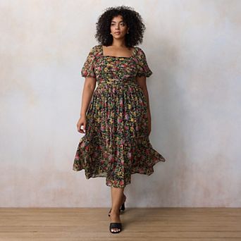 Plus Size LC Lauren Conrad Square Neck Pleated Bodice Midi Dress