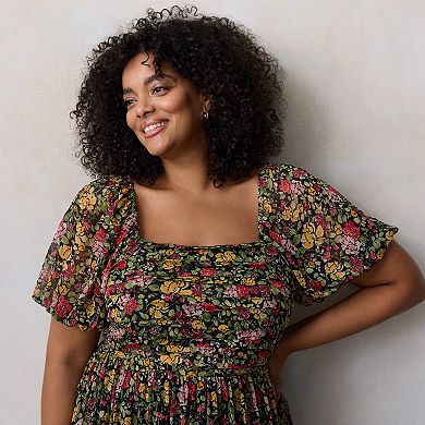 Plus Size LC Lauren Conrad Square Neck Pleated Bodice Midi Dress