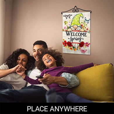 G128 Garden Flag Hanger 14IN & Garden Flag 12x18 IN Welcome Spring Gnome Flowers Double Sided