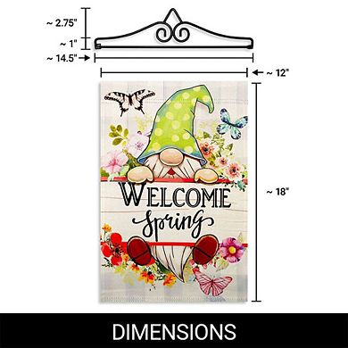 G128 Garden Flag Hanger 14IN & Garden Flag 12x18 IN Welcome Spring Gnome Flowers Double Sided