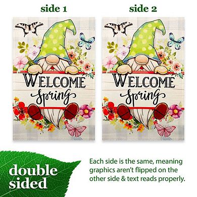 G128 12x18IN Welcome Spring Gnome Flowers Garden Flag Double Sided Spring Garden Decoration