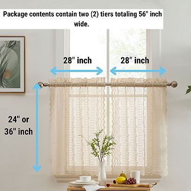 HLC.ME Sophia Floral Rod Pocket Lace Sheer Short Cafe Tiers Small Windows - 28 x 24 in each, Pair
