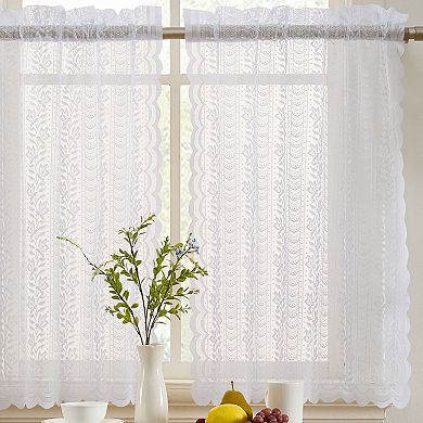 HLC.ME Sophia Floral Rod Pocket Lace Sheer Short Cafe Tiers Small Windows - 28 x 24 in each, Pair