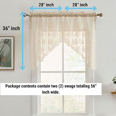 HLC.ME Jolene Floral Rod Pocket Lace Short Cafe Swags Small Windows - 28 x 36 in each, Set of 2