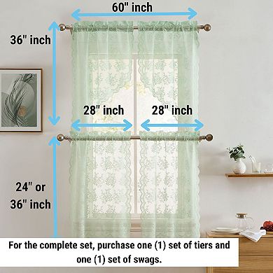 HLC.ME Jolene Floral Rod Pocket Lace Short Cafe Swags Small Windows - 28 x 36 in each, Set of 2