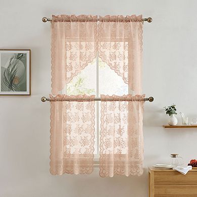 HLC.ME Jolene Floral Rod Pocket Lace Short Cafe Swags Small Windows - 28 x 36 in each, Set of 2