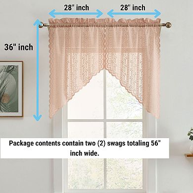 HLC.ME Sophia Floral Rod Pocket Lace Short Cafe Swags Small Windows - 28 x 36 in each, Set of 2