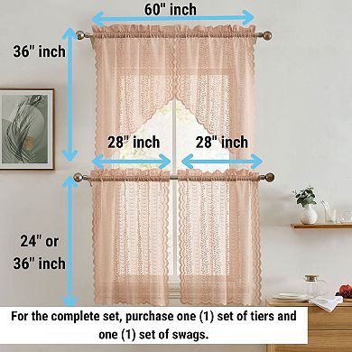HLC.ME Sophia Floral Rod Pocket Lace Short Cafe Swags Small Windows - 28 x 36 in each, Set of 2
