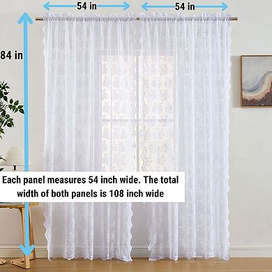 HLC.ME Jolene Floral Lace Sheer Transparent Rod Pocket Curtain Panels Bed & Living Room - Pair