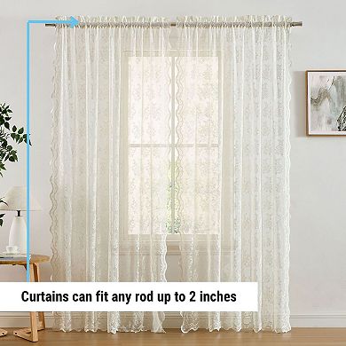 HLC.ME Jolene Floral Lace Sheer Transparent Rod Pocket Curtain Panels Bed & Living Room - Pair