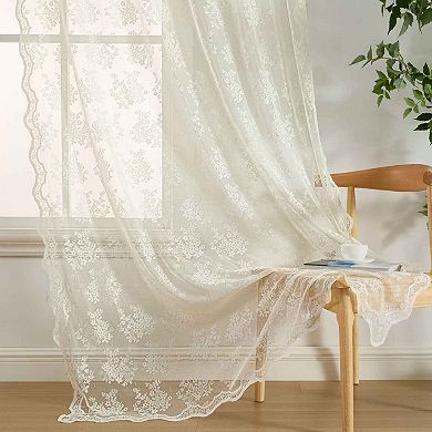 HLC.ME Jolene Floral Lace Sheer Transparent Rod Pocket Curtain Panels Bed & Living Room - Pair