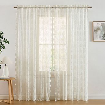 HLC.ME Jolene Floral Lace Sheer Transparent Rod Pocket Curtain Panels Bed & Living Room - Pair