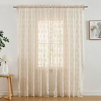 HLC.ME Jolene Floral Lace Sheer Transparent Rod Pocket Curtain Panels Bed & Living Room - Pair