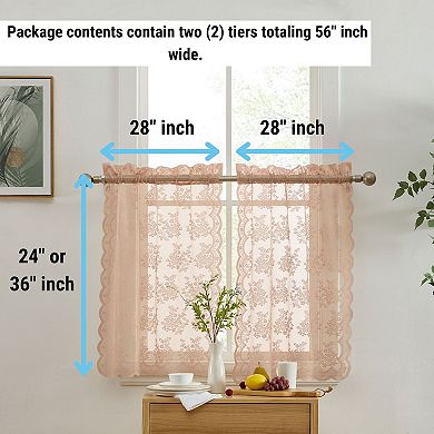 HLC.ME Jolene Floral Rod Pocket Lace Sheer Short Cafe Tiers Small Windows - 28 x 24 in each, Pair