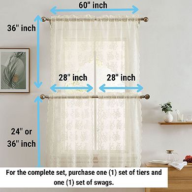 HLC.ME Jolene Floral Rod Pocket Lace Sheer Short Cafe Tiers Small Windows - 28 x 24 in each, Pair